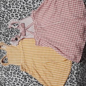 Gingham pinafore dresses girls 6x lot of 2 ruffle shoulder bow back cute layers
